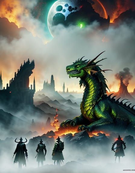 Apocalyptic Landscape with Dragon in Dark Fantasy Art