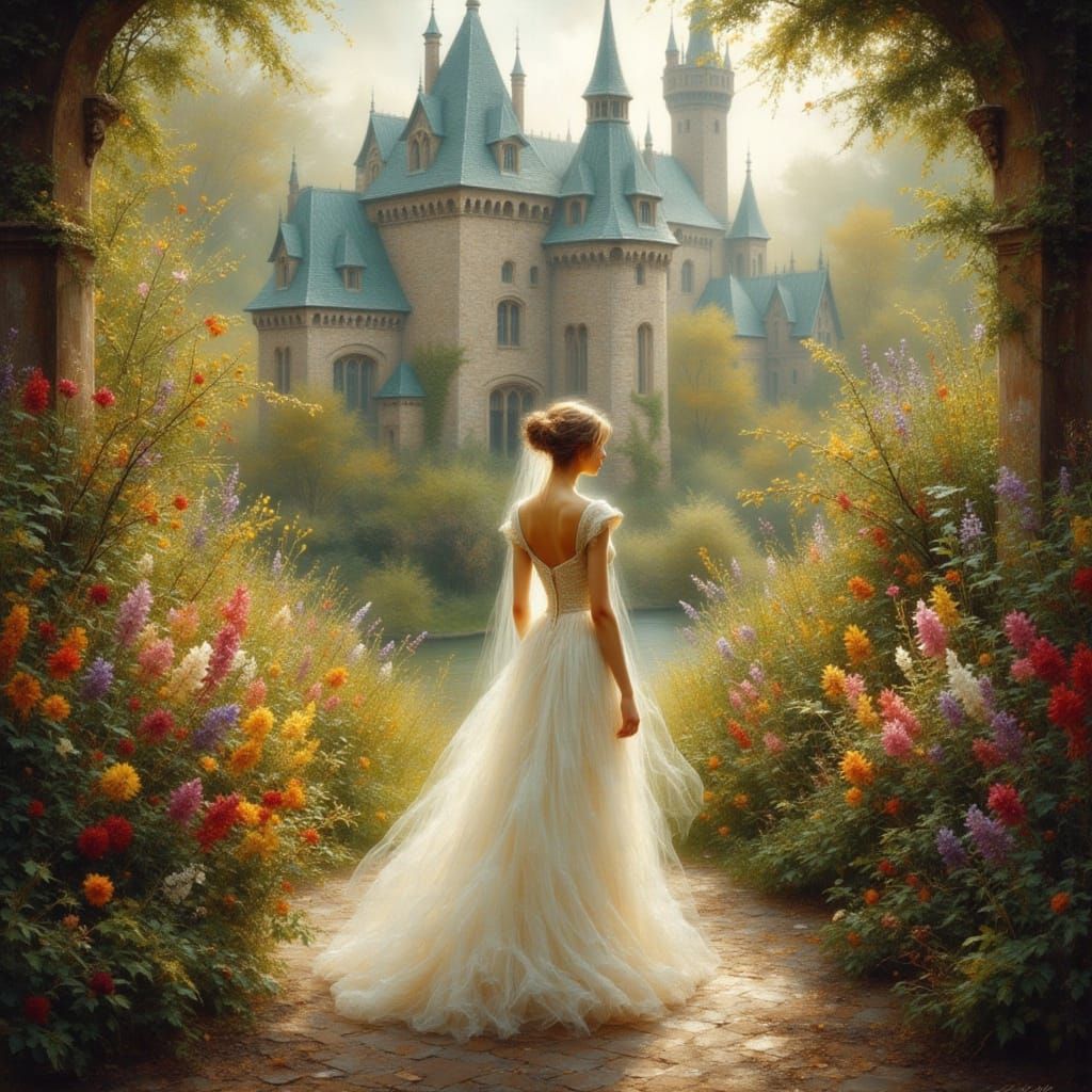 Princess in Castle Garden, Antique Watercolor Style
