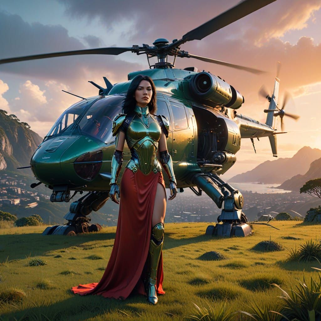 Amazon Warrior in Futuristic Sunset