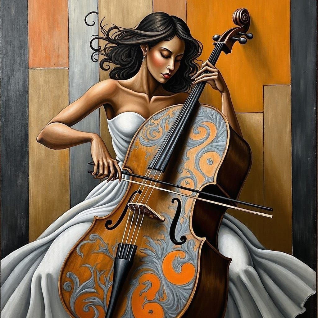 Woman Playing Cello with Geometric Abstraction