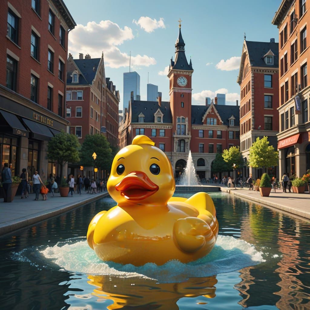 Whimsical City Fountain Scene with Giant Rubber Duck