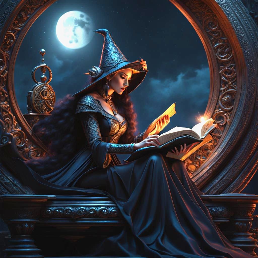 Witch-Priestess Reading by Moonlight: Fantasy Art