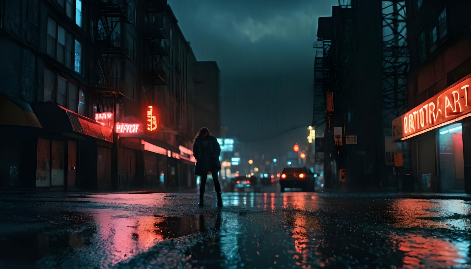 Top-down, bird’s-eye view of a cyberpunk dystopian city stre...