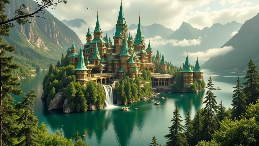 Fantastical Jungle Palace with Pointy Towers in Green and Go...