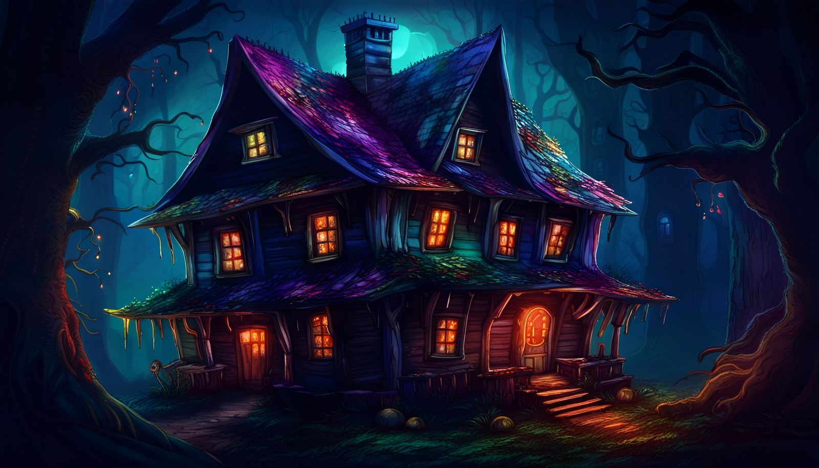 Spooky Witch House at Night in Dark Forest