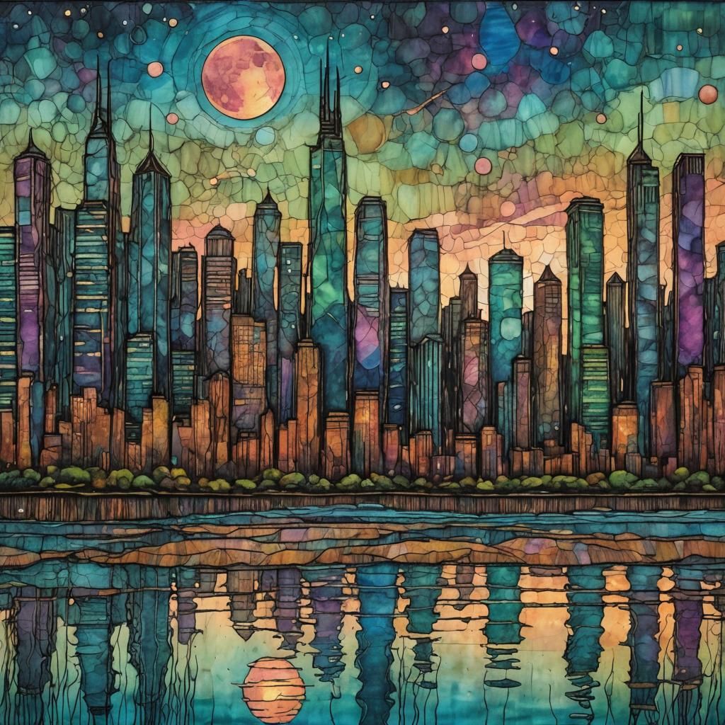 Alcohol Ink Sunset with Skyscraper Silhouettes