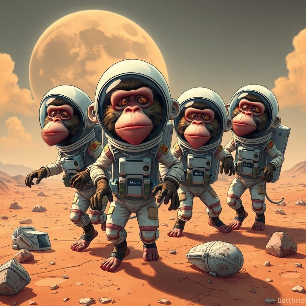 Surreal Baboons in Quirky Mars Spacesuits, in a Cartoon Styl...