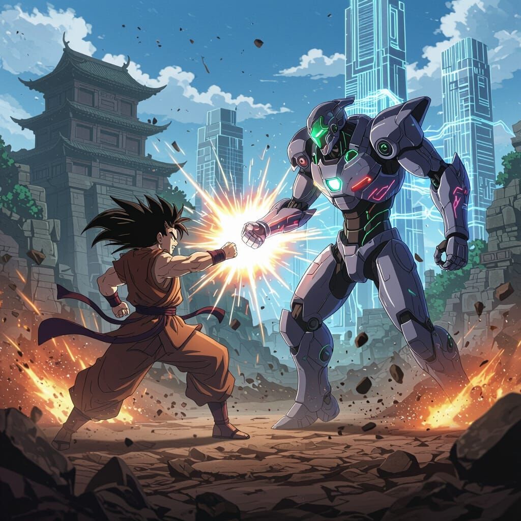 Anime Martial Artist Vs. High-Tech Android in Epic Battle