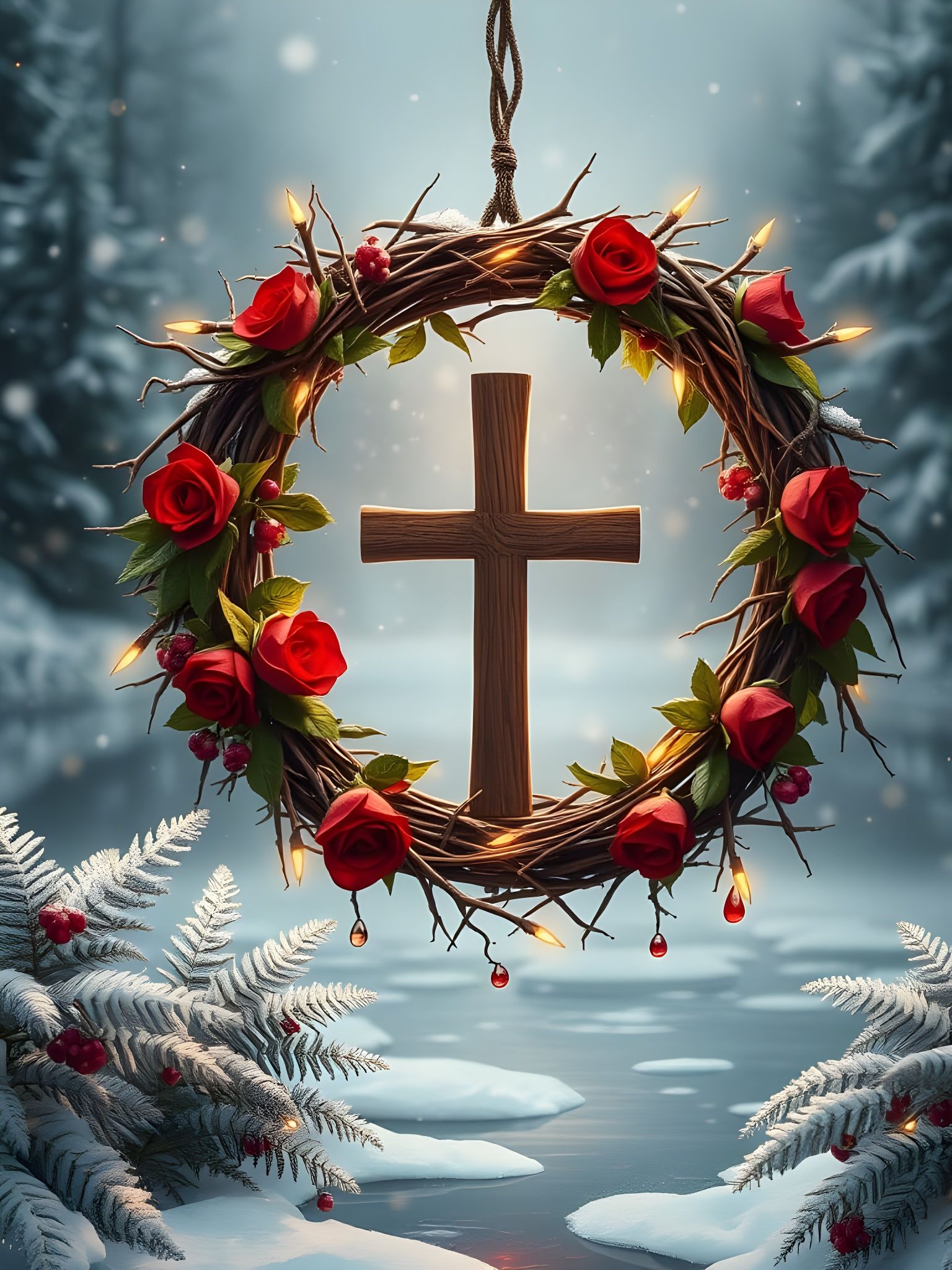 Surreal Christmas Crown of Thorns Wreath in Chiaroscuro Styl...