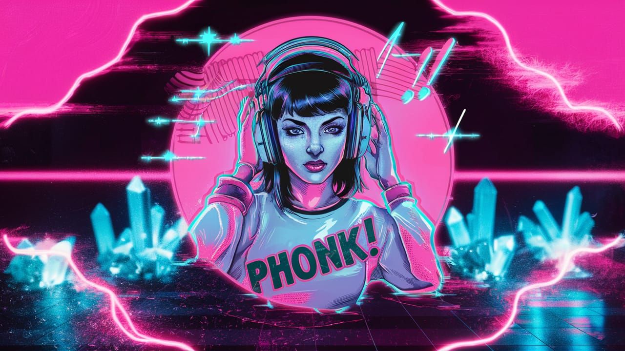 Glitchcore Girl with Headphones in Neon Pop Art