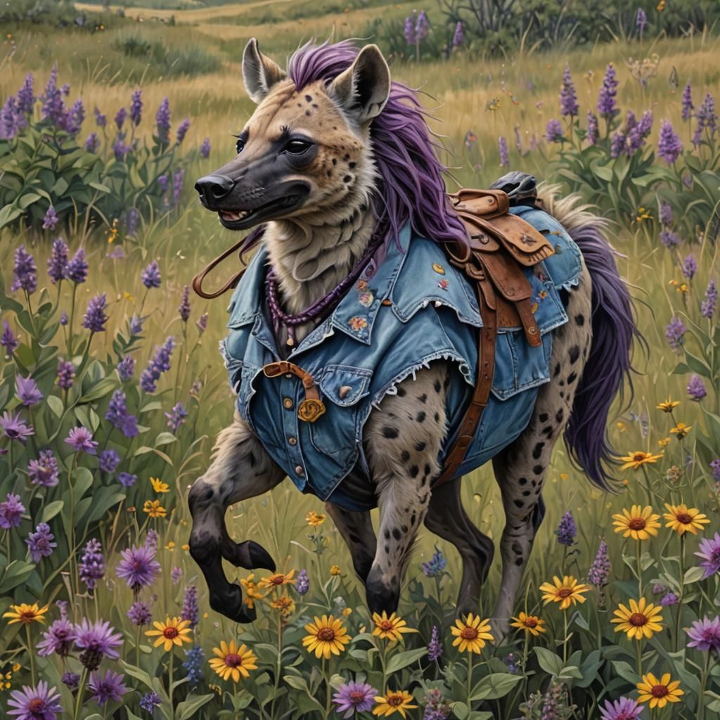 Furry Hyena Rides Horse Through Wildflower Meadow