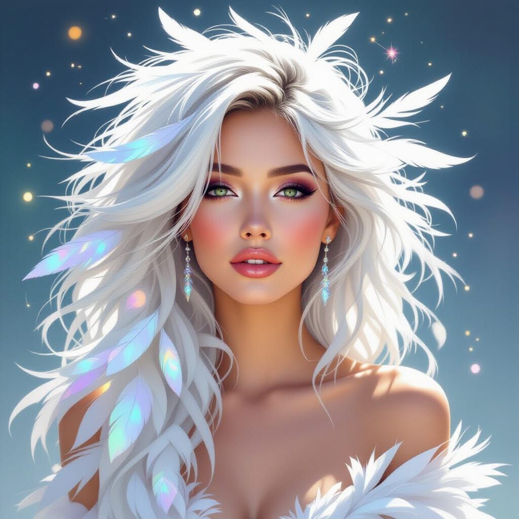 Ethereal Singer Portrait with Feathered Hair in Watercolor S...