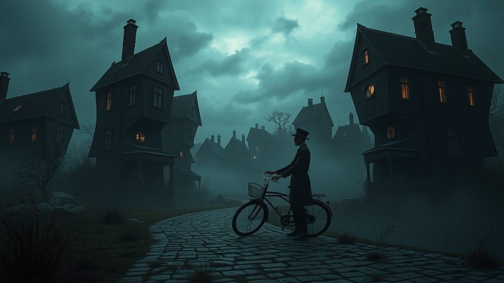 Eerie Policeman in Surreal Village Landscape