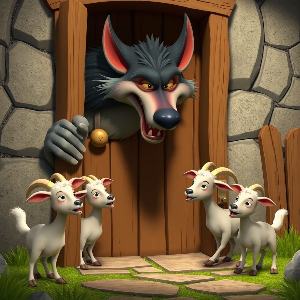 Wolf and Seven Goats in Pixar Cartoon Style