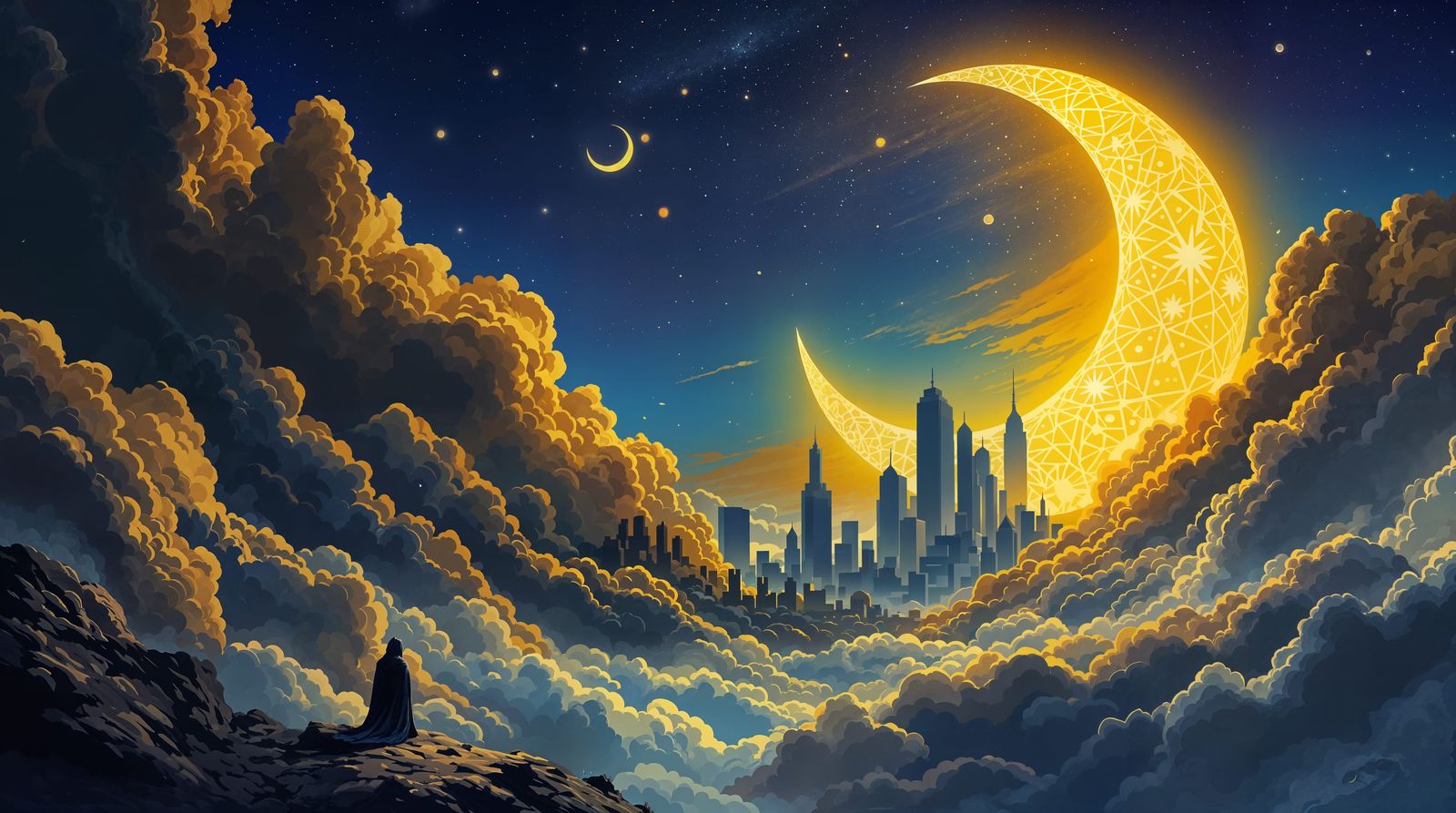 Surreal Cloud City Emerges Under Ethereal Crescent Moon