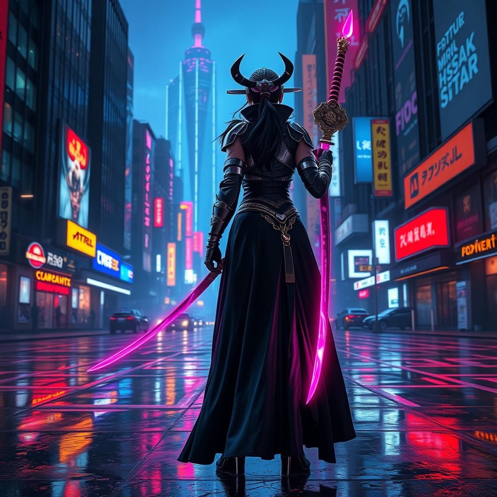 Cyber Samurai in Neon Dystopia as Matte Painting