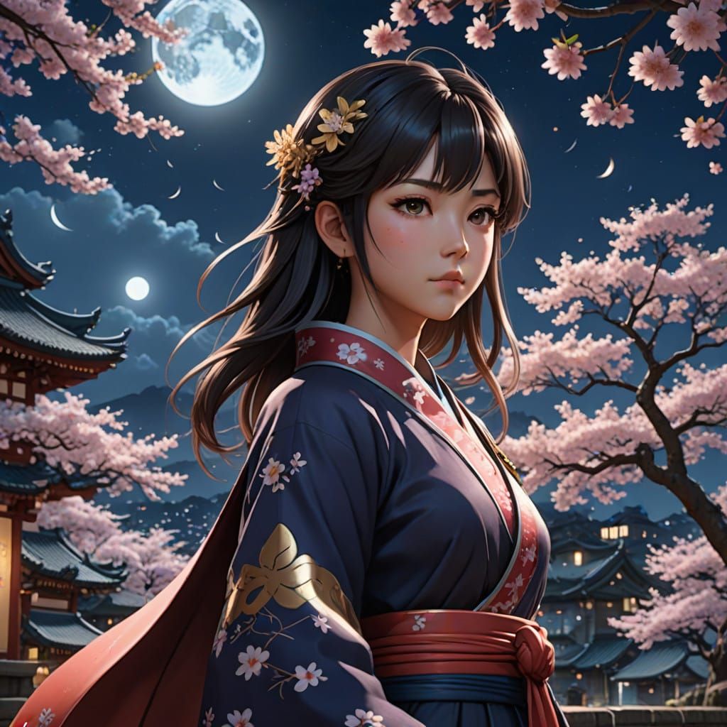 Romantic Anime Goddess Under Starlight Sakura Blooms