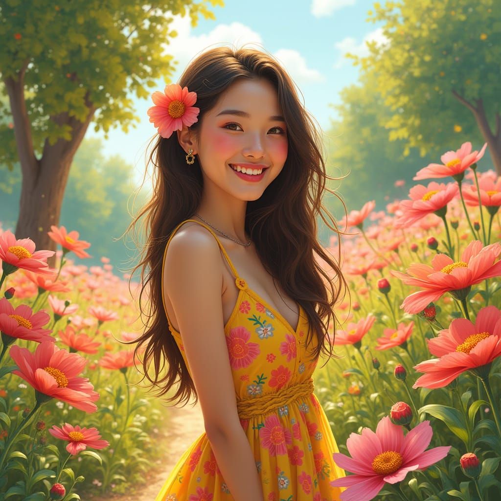 Smiling Woman in a Sunny Garden, in Pop Surrealism Style