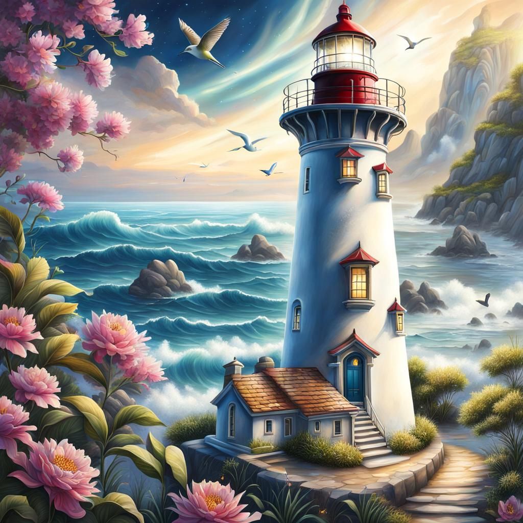 Hummingbird Guardian of the Magical Lighthouse Painting