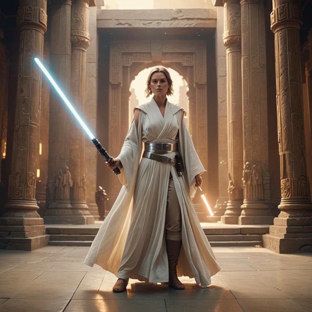 Female Jedi with Lightsaber in White Marble Temple