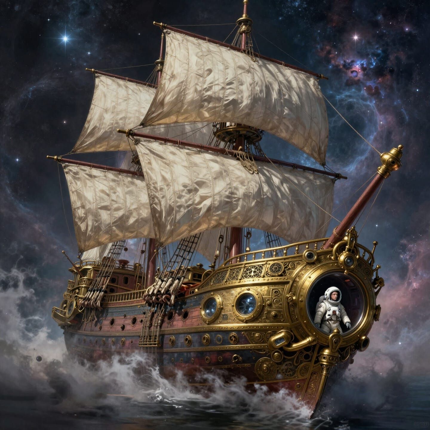 A majestic steampunk sailing ship with intricate brass plating and billowing canvas sails navigates through a swirling n...