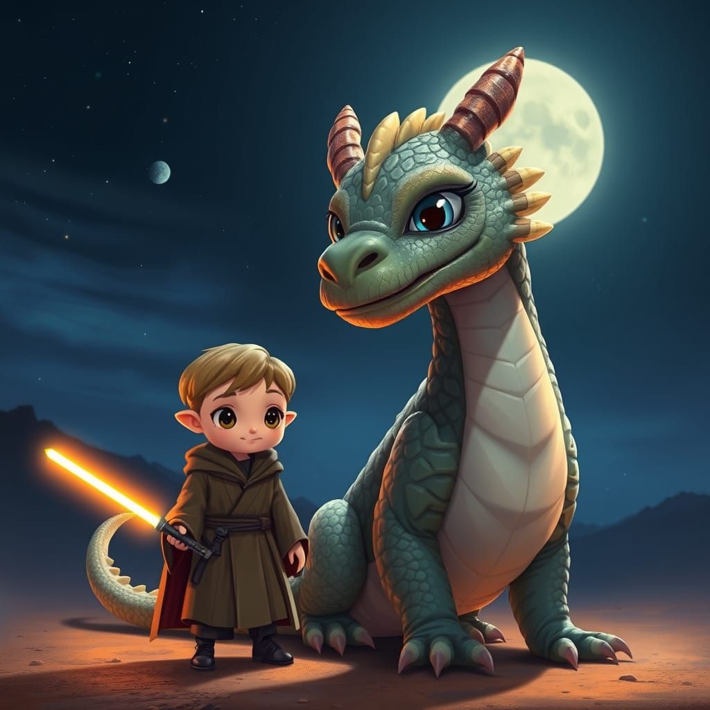 Cartoon Jedi and Dragon Under Night Sky in Digital Art
