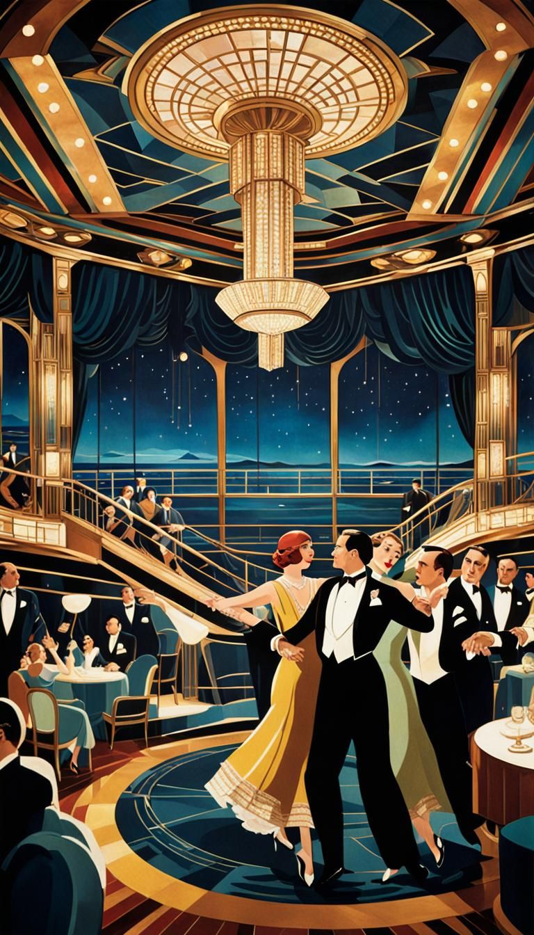 Art Deco Ballroom Scene on Ocean Liner
