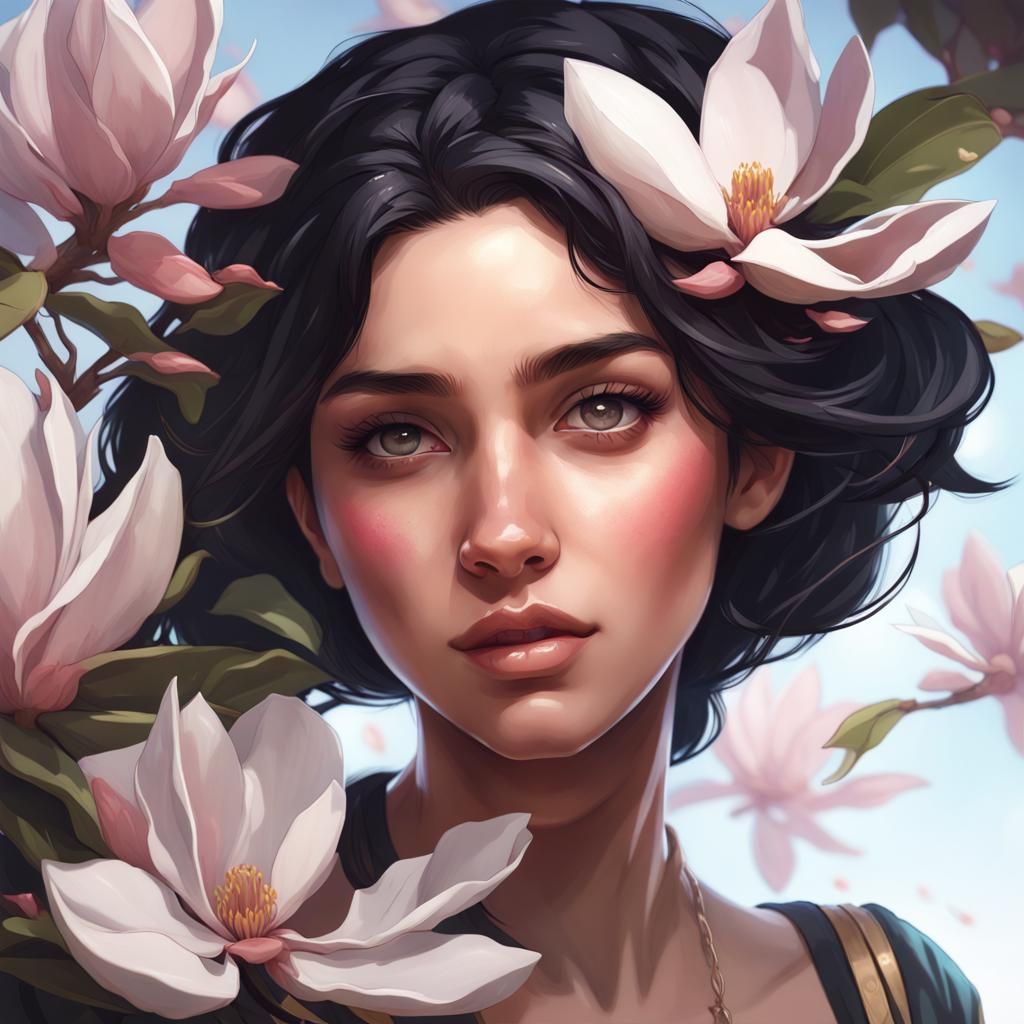 Teenager with Magnolia Flowers, Hyperdetailed Portrait