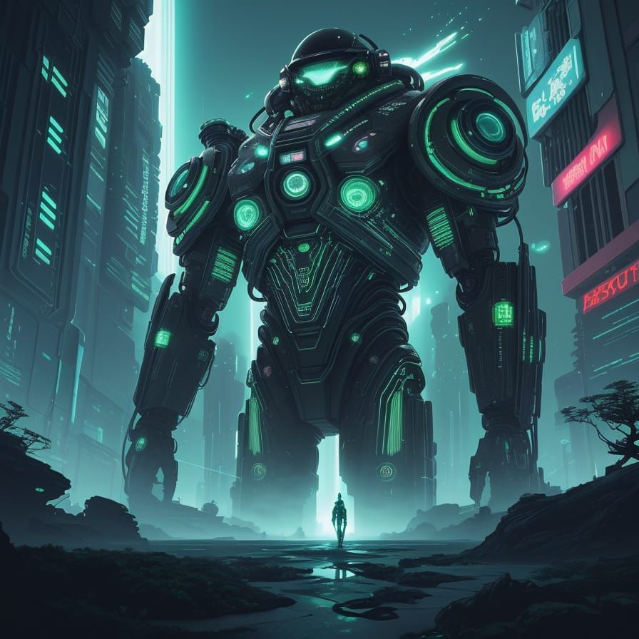 Surreal Cyberpunk Dreamscape with Glowing Flower and City