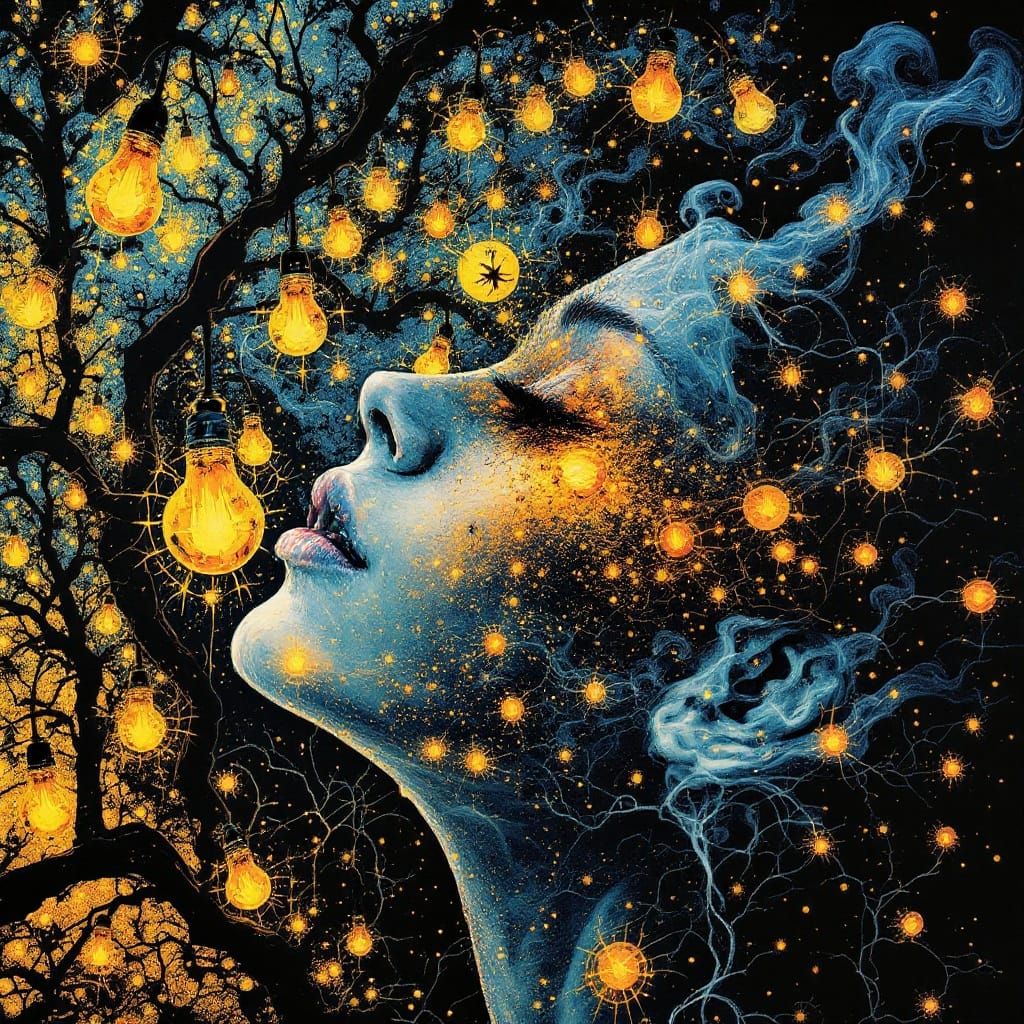 Surreal Nighttime Scene of a Glowing Hamamelis Virginiana Gr...