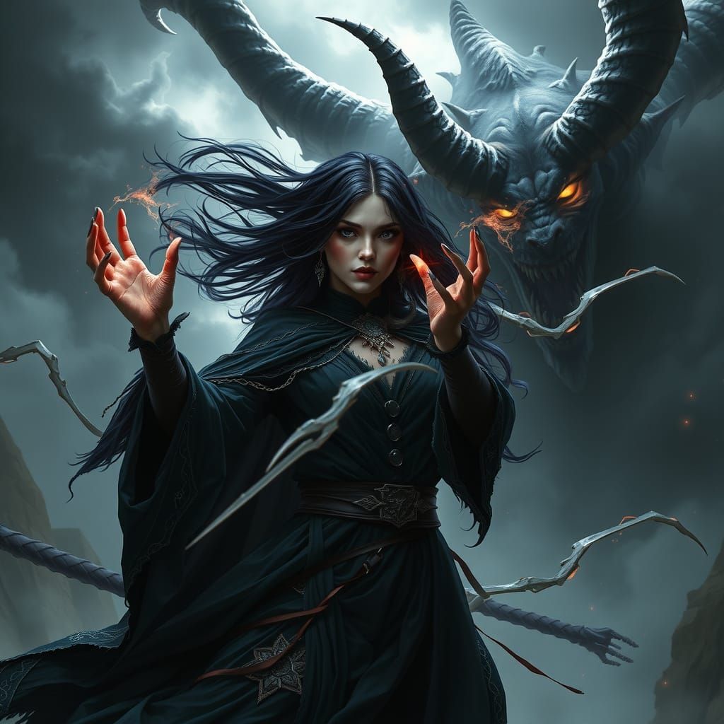 Dark Fantasy Female Mage vs Horned Demon in Shadow Magic Due...