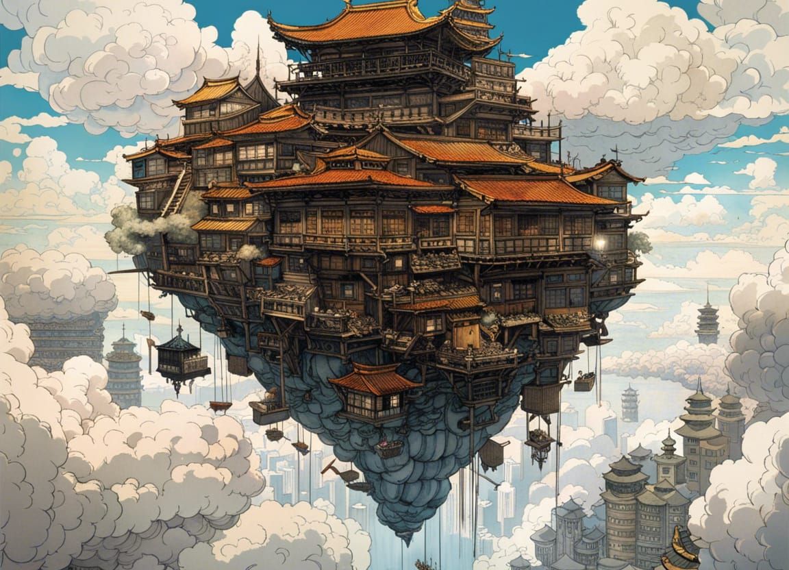 Floating City in Clouds: Japanese Ink Drawing Style
