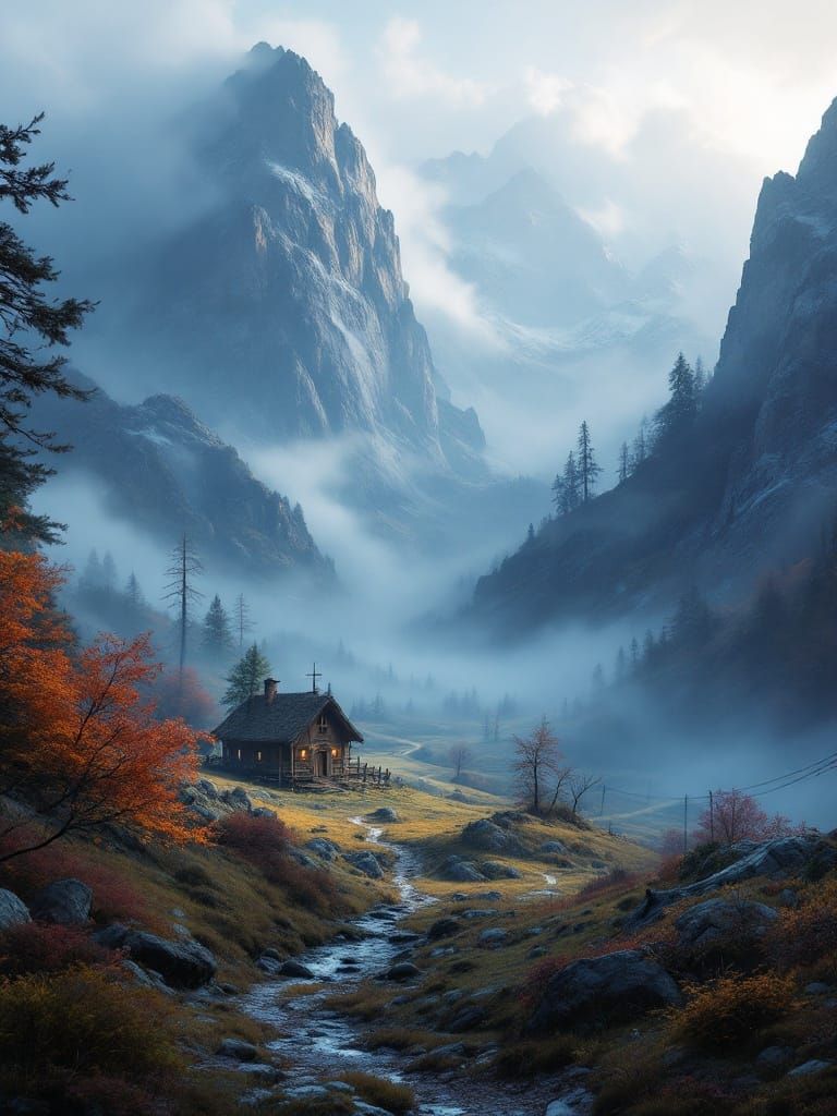 Fantastical 1800s Mountain Valley in Mysterious Morning Haze