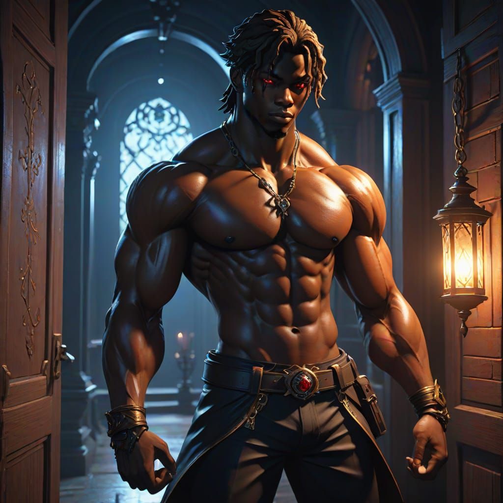 Dark Fantasy Anime Art: Muscular Haitian Hero in Shadowy Roo...