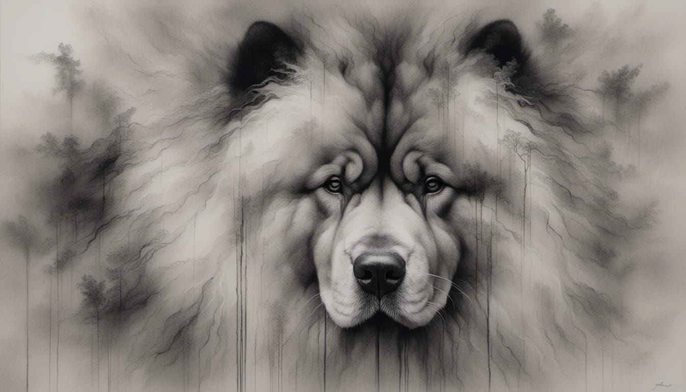 Double Exposure Chow Chow in Ink Wash Style