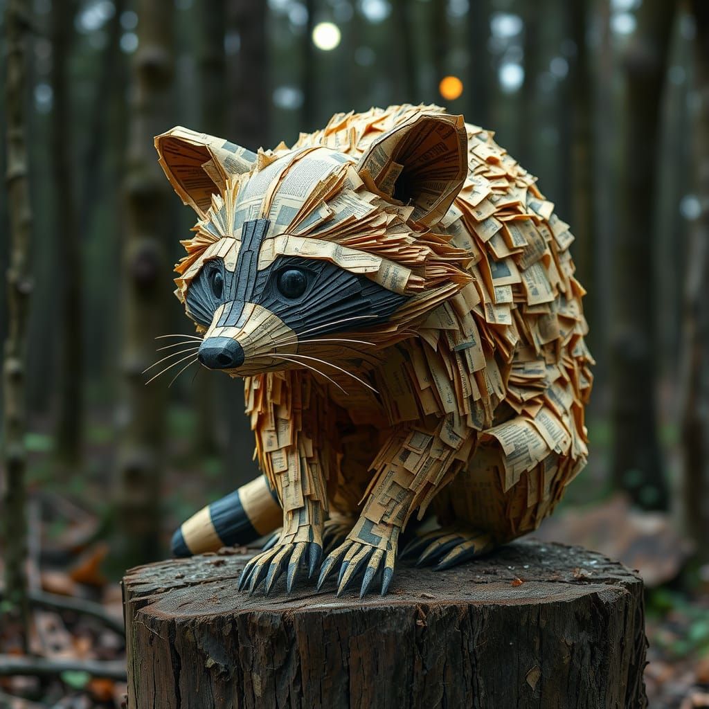 Paper Mache Raccoon Sculpture in Moonlit Forest