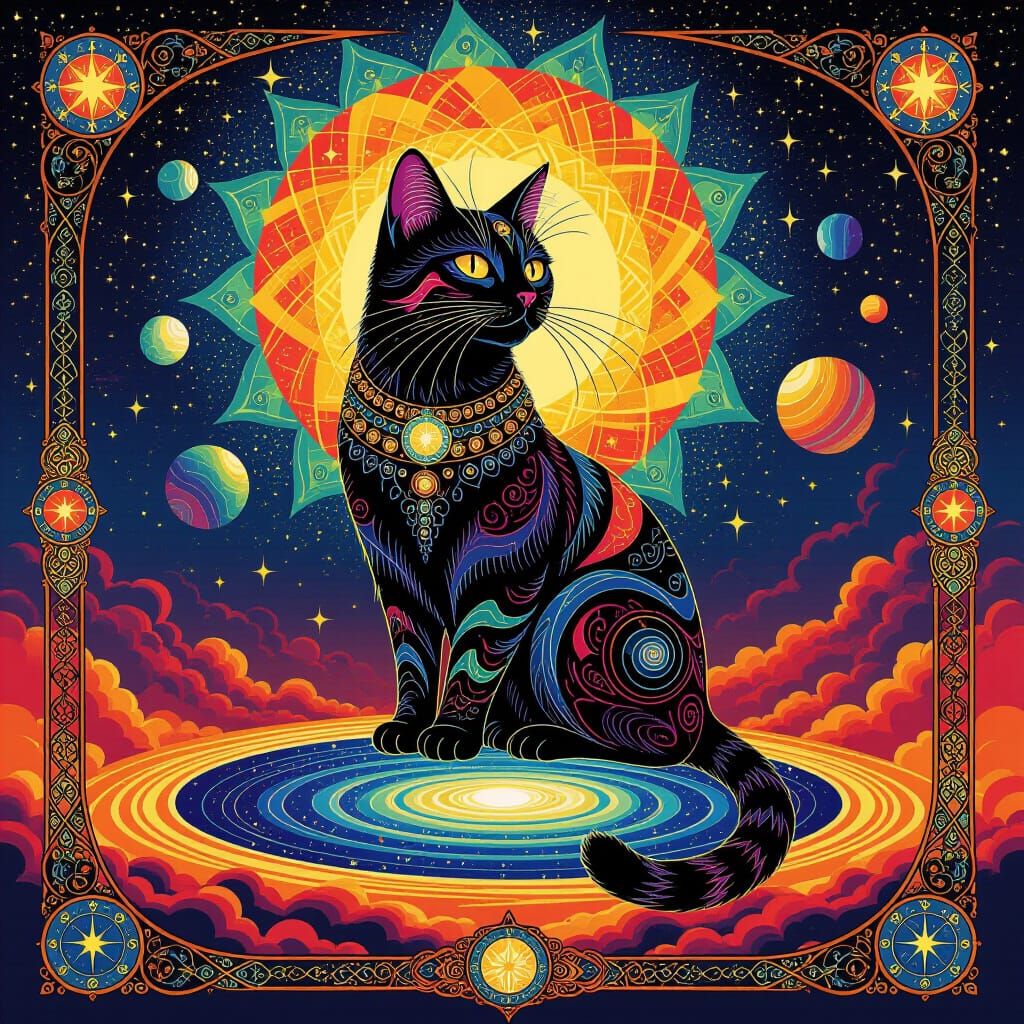 Majestic Cat in Cosmic Void, Psychedelic Rock Poster