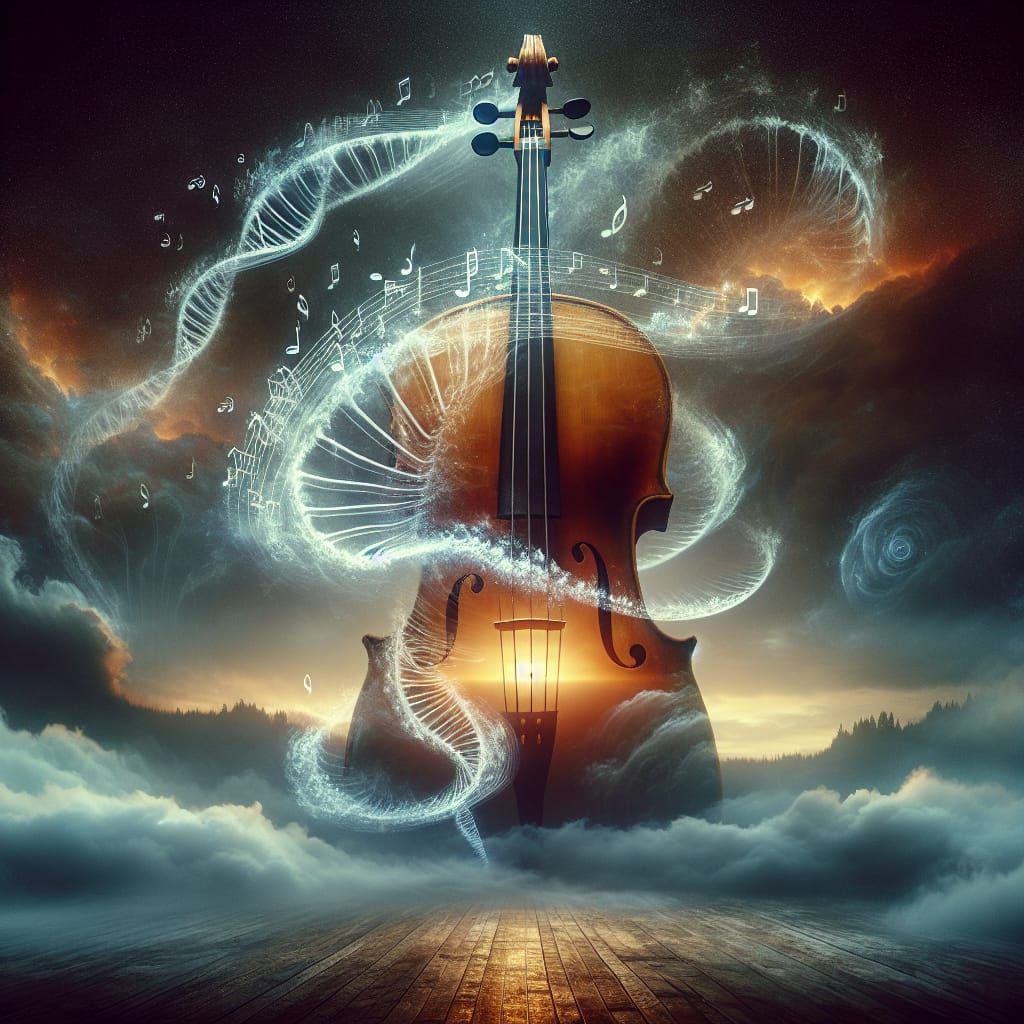 Cello Double Exposure: Harmonious Soundwaves and DNA