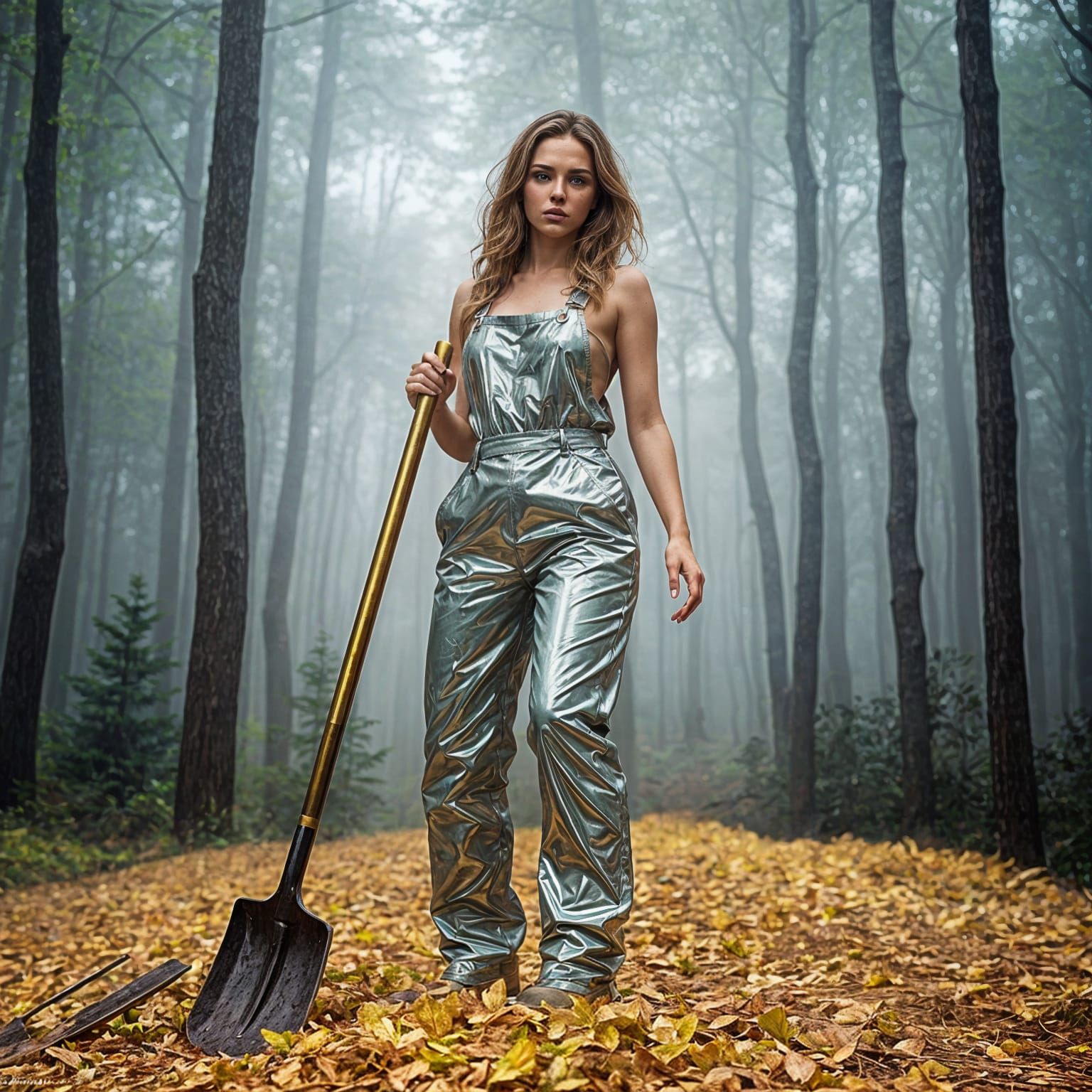 Woman Shoveling Gold in Foggy Forest