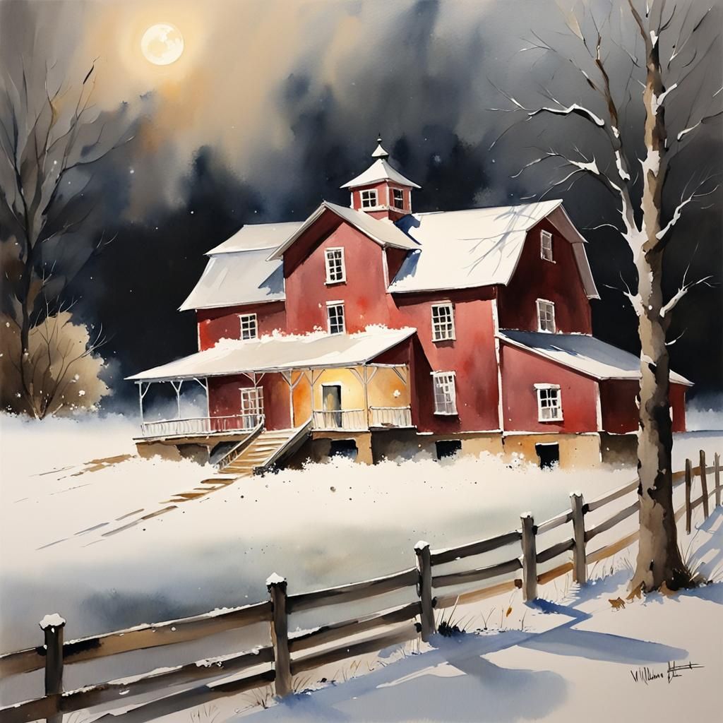 Moonlit Barn: A Watercolor Masterpiece
