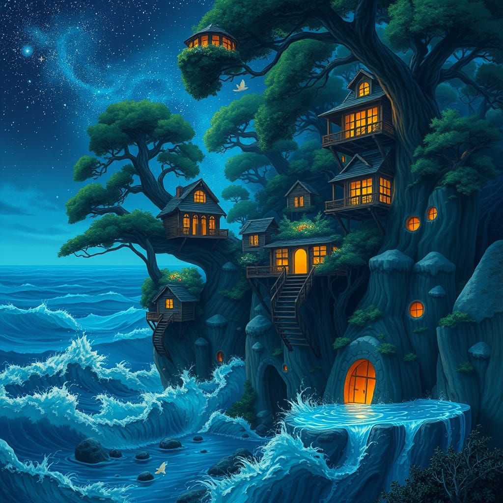Giant Cliffside Treehouse Community Overlooking Starlit Ocea...