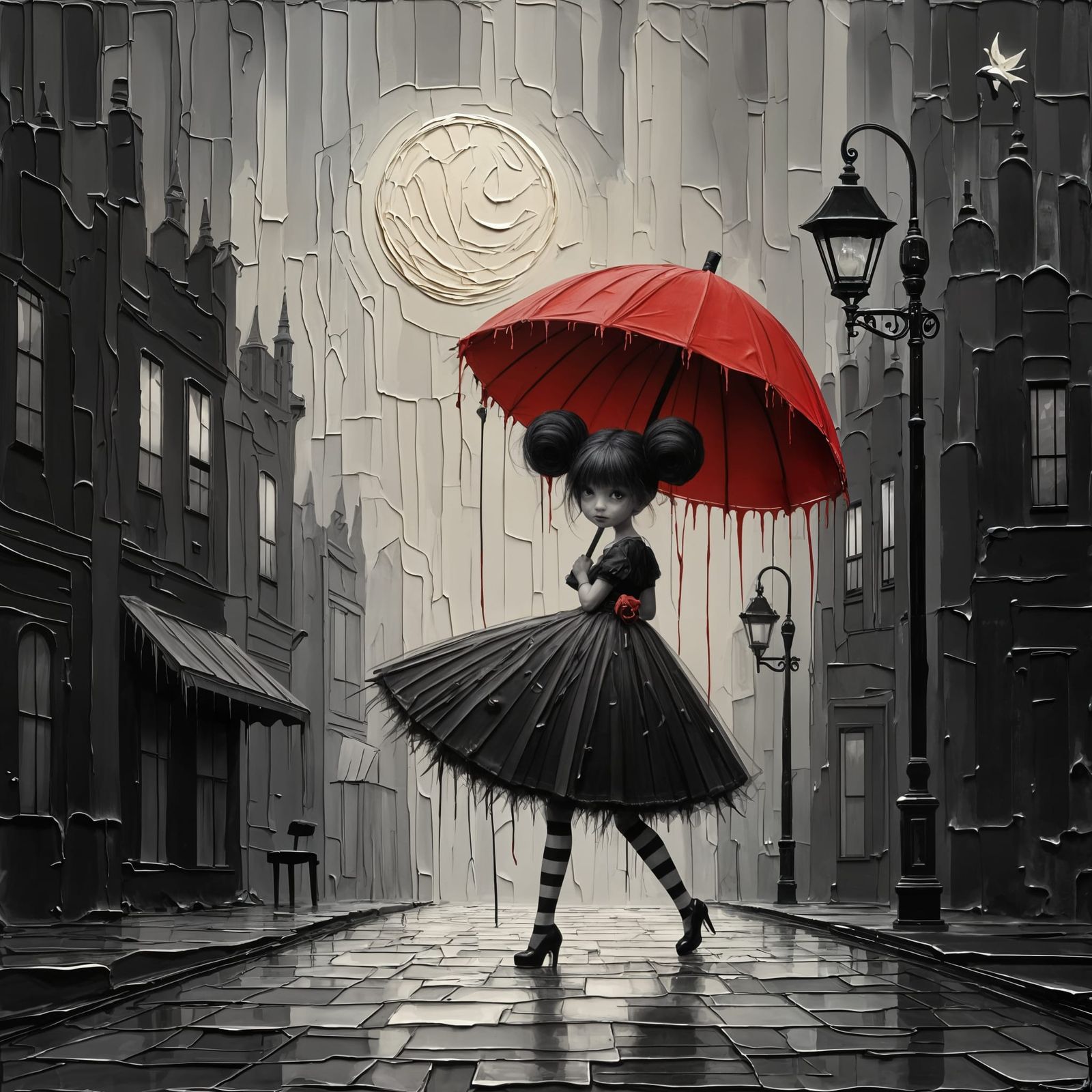 Whimsical Girl with Red Umbrella on Cobblestone Street