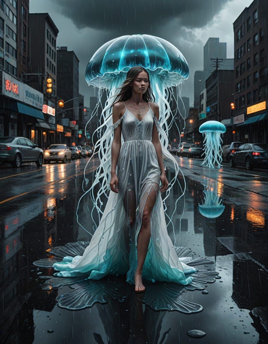 Surreal Digital Art of Neon Jellyfish in the City