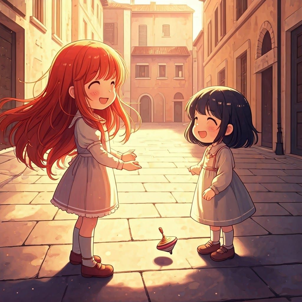 Girls Playing in Italian Square, Manga Scan Style