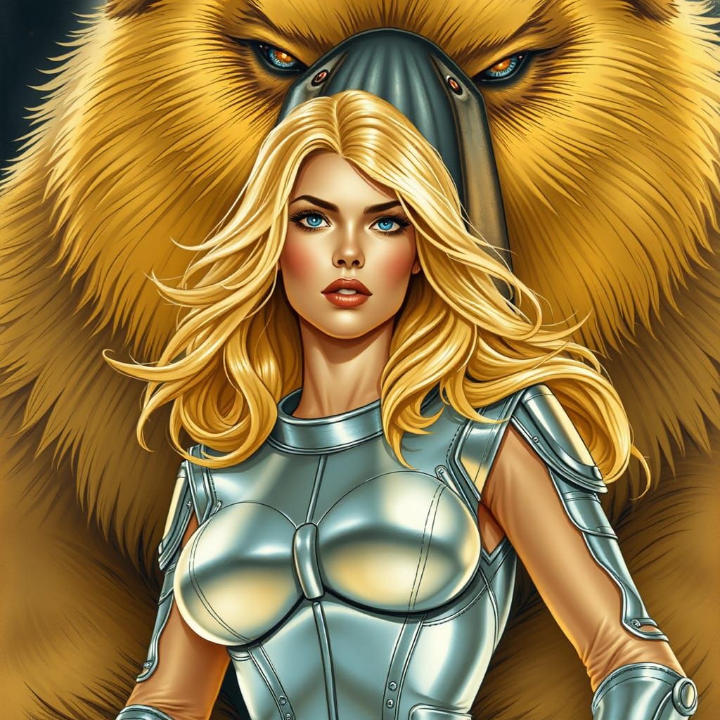 Woman in Spacesuit with Golden Bear, Retro-Futurism