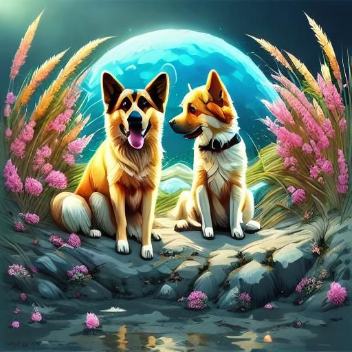 German Shepherds at the Beach in Art Deco Style