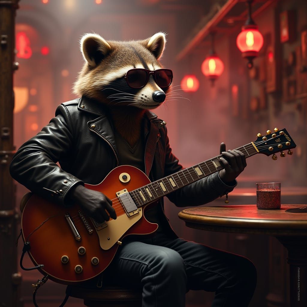 Raccoon Rockstar in Steampunk Bar, Realistic Digital Art