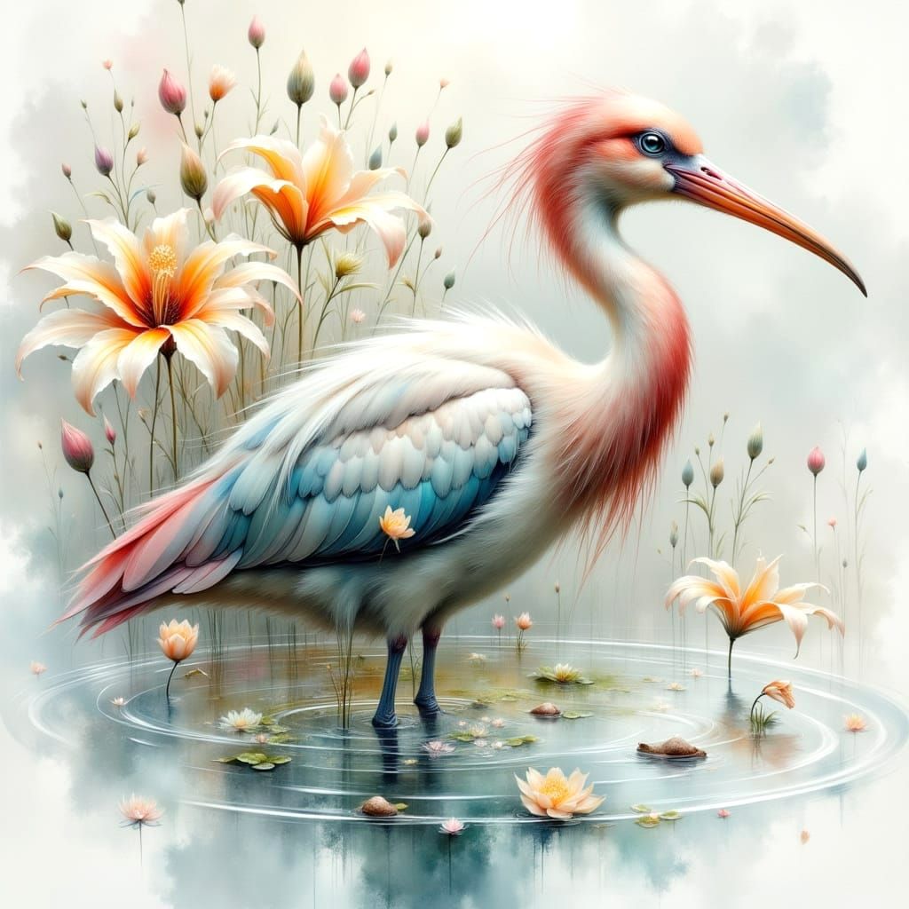 Pastel Spoonbill in Ethereal Watercolor Style