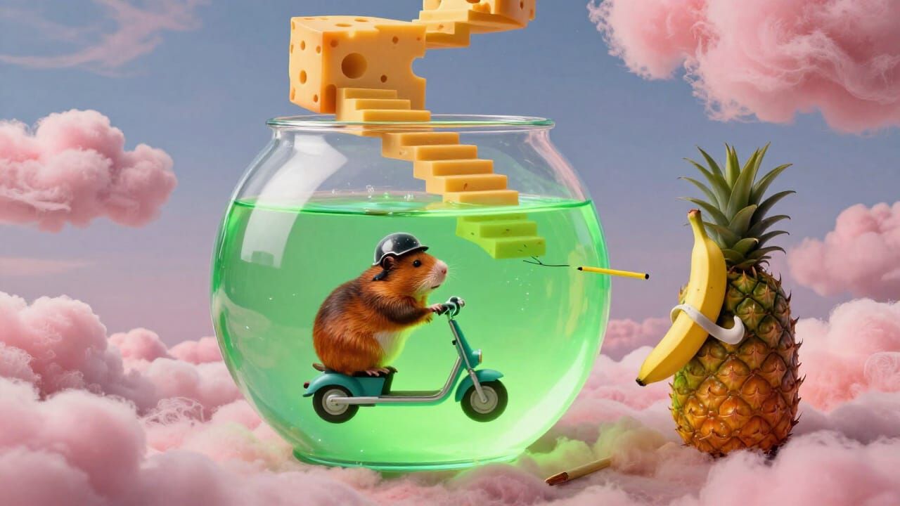 Surreal Gerbil Scooter Adventure in a Fishbowl World