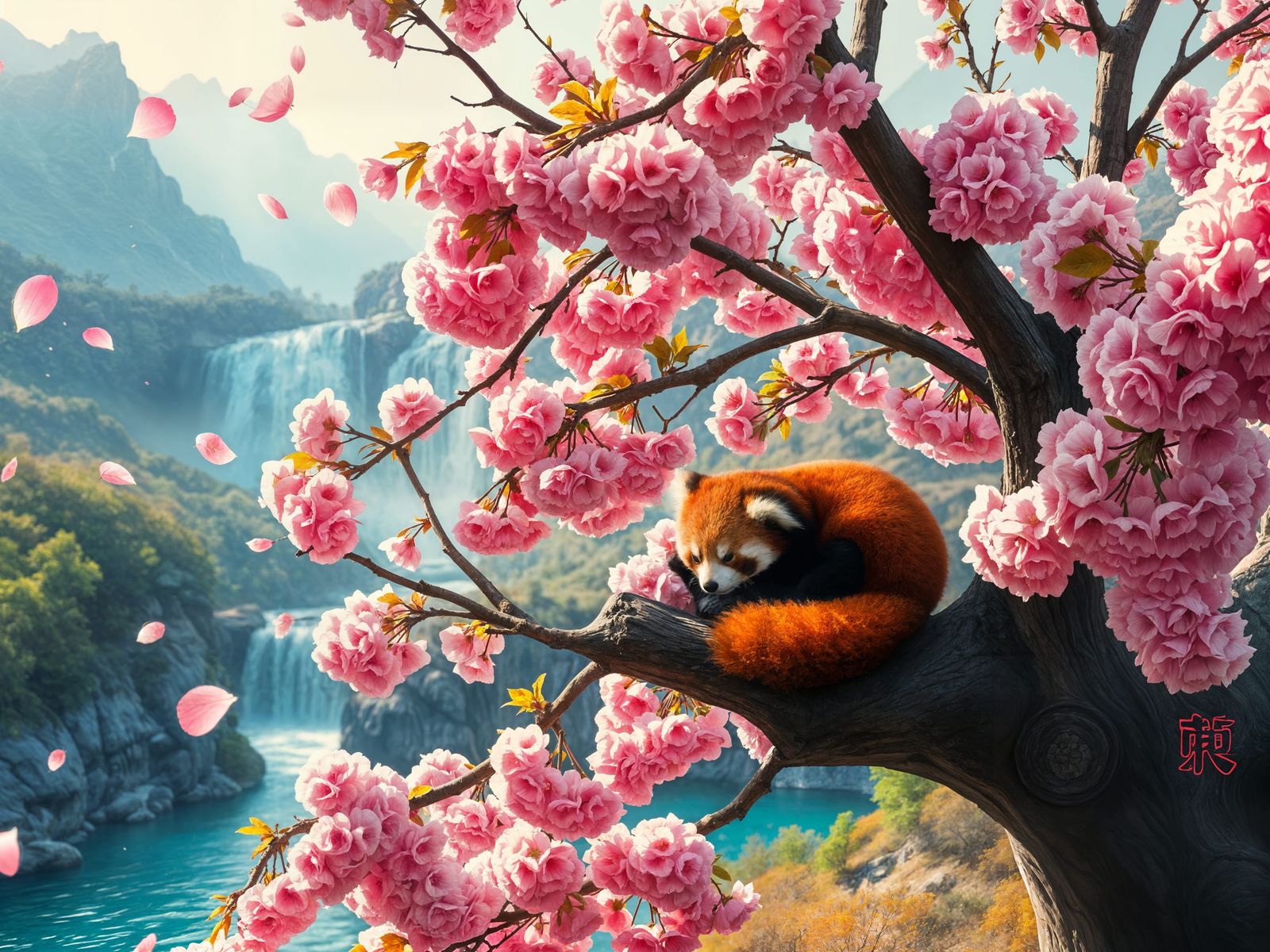 Ethereal Fantasy Red Panda in Cherry Blossom Paradise